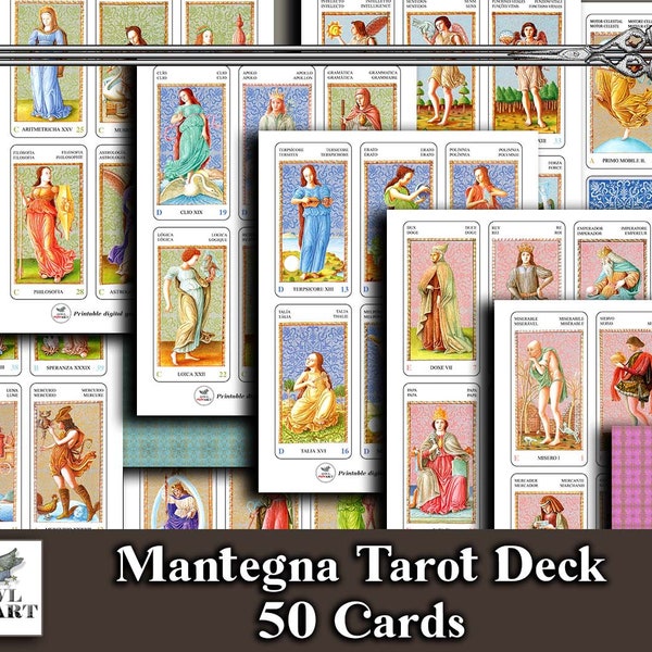 Mantegna Tarot Deck 50 Cards- Printable Italian Tarocchi Cards - Downloadable Vintage Tarot Deck - 15th century Digital Tarot Card Deck