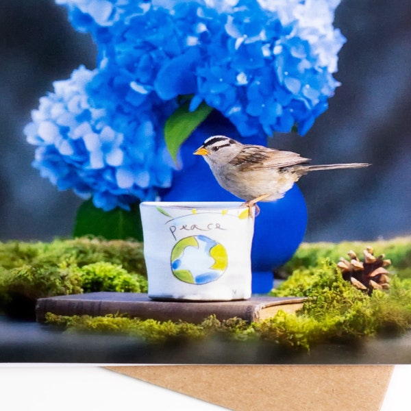 Peace — Blank folded note card - White-crowned Sparrow - Teatime Series Greeting Card