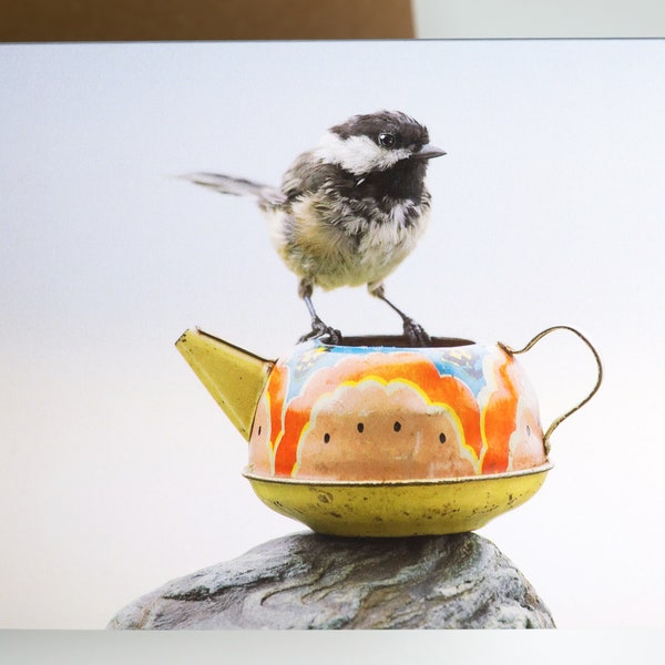 Tiny Teapot - Blank folded note card - Black-capped Chickadee - Teatime Series Greeting Card