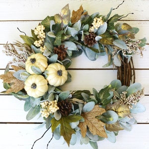 Fall Lambs Ear and Cream Pumpkin Wreath, Thanksgiving Berry Wreath ...