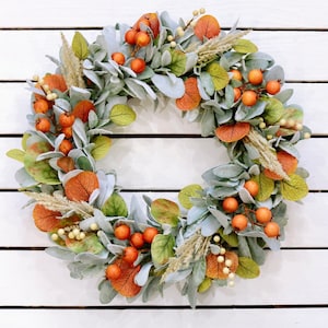 Fall Lambs Ear and Eucalyptus Berry Wreath, Orange Berry and Eucalyptus Wreath, Eucalyptus Wreath, Fall Décor Autumn Door Décor, Fall Wreath