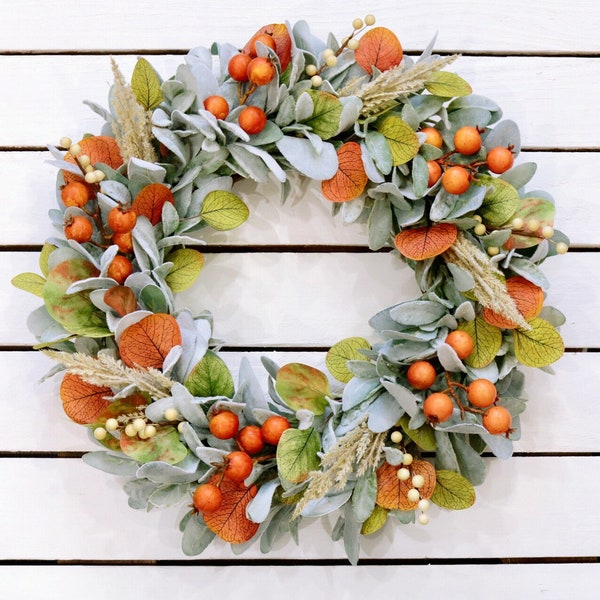 Fall Lambs Ear and Eucalyptus Berry Wreath, Orange Berry and Eucalyptus Wreath, Eucalyptus Wreath, Fall Décor Autumn Door Décor, Fall Wreath