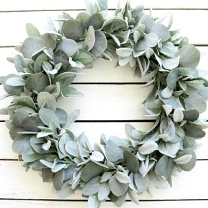 Lambs ear with eucalyptus wreath; Eucalyptus and Lambs Ear Wreath, Greenery Wreath, Farmhouse Wreath, Wreaths for front door