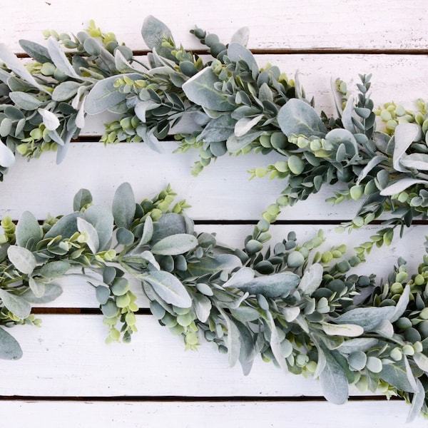 Lambs Ear & Eucalyptus Garland, Farmhouse Decor, Year Round Garland, Wedding Centerpiece, Wedding Decor,  Mantle Decor, Table Runner