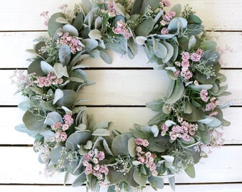 Lambs Ear and Eucalyptus Wreath, Spring Wreath, Summer Wreath, Year Round Wreath, Farmhouse Wreath, Front Door Decor, Indoor Decor, Rustic