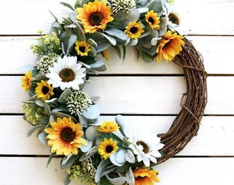 Couronne d'oreilles de tournesol et d'agneau, décoration de porte d'été, couronne de fleurs soleil, couronne de porte d'entrée, couronne de fleurs jaunes, couronne d'été de ferme