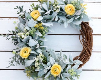 Lambs Ear Wreath with Yellow Roses, Farmhouse Wreath, Spring Wreath, Summer Wreath, Greenery Wreath, Farmhouse Decor, Spring Decor, Rustic