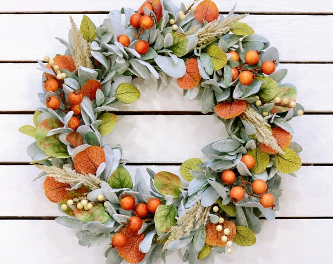 Fall Lambs Ear and Eucalyptus Berry Wreath, Orange Berry and Eucalyptus Wreath, Eucalyptus Wreath, Fall Décor Autumn Door Décor, Fall Wreath
