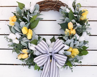 Tulip Lambs Ear Wreath: Farmhouse Spring Summer Decor