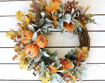 Fall Pumpkin Wreath: Lambs Ear, Berries, Autumn Leaves
