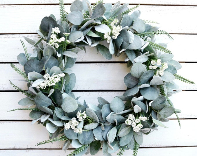 Year Round Lamb’s Ear and Eucalyptus Wreath, Farmhouse Wreath for Front Door, Year Round Greenery Wreath, Everyday Wreath, Rustic Wreath