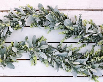 Lambs Ear & Eucalyptus Garland, Farmhouse Decor, Year Round Garland, Wedding Centerpiece, Wedding Decor,  Mantle Decor, Table Runner