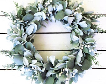 Lambs Ear Wreath: Winter Cream Berries, Farmhouse Holiday Decor