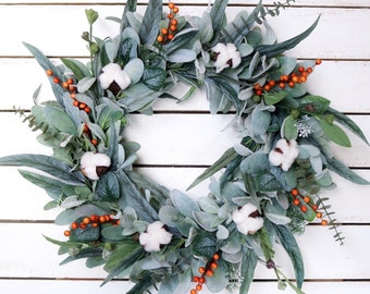 Fall Wreath: Lambs Ear, Eucalyptus, and Orange Berries