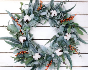 Fall Lambs Ear and Eucalyptus Wreath with Orange Berries, Fall Wreath, Cotton Wreath, Thanksgiving Wreath, Front Door Wreath, Indoor Wreath