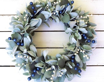 Winter Lambs Ear Wreath with Blue and Cream Berries, Christmas Wreath, Holiday Wreath, Modern Farmhouse Wreath, Berry Wreath, Housewarming