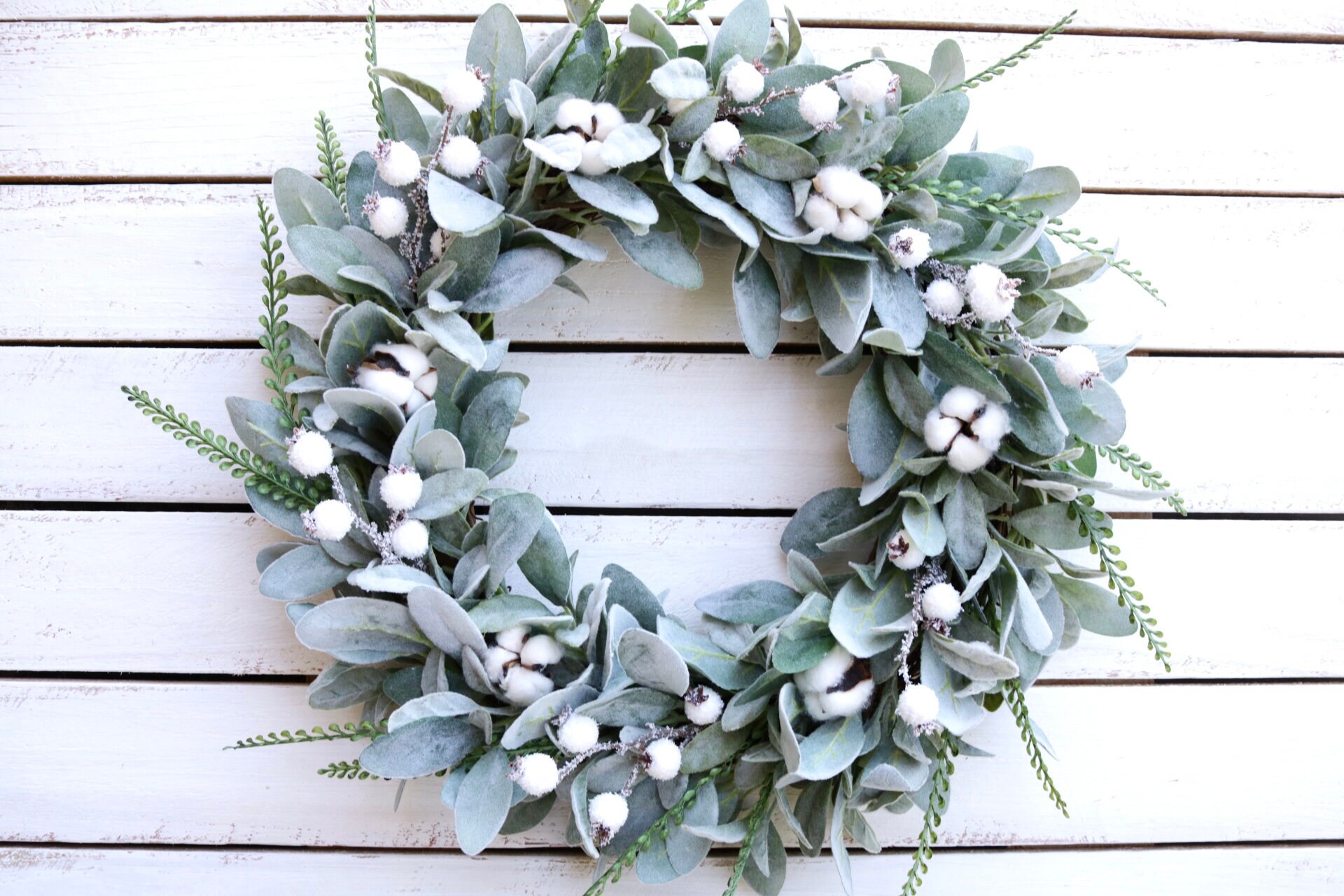 Winter Lambs Ear Wreath Frosted White Berries Cotton Wreath Etsy