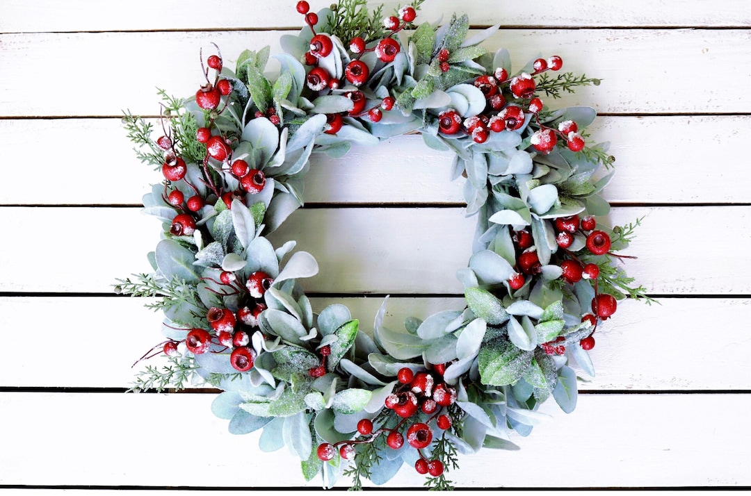 Christmas Wreath: Frosted Red Berries and Lambs Ear, Farmhouse Style - Etsy