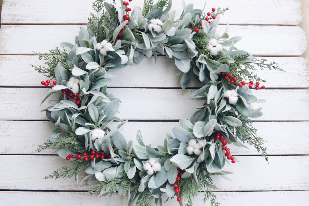 Lambs Ear Christmas Wreath, Farmhouse Berry Cotton Wreath - Etsy