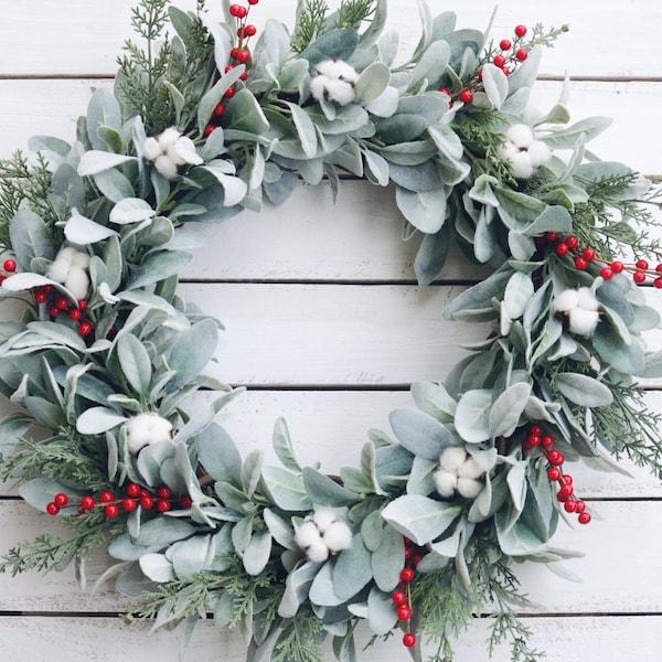 Lambs Ear Christmas Wreath, Farmhouse Berry Cotton Wreath