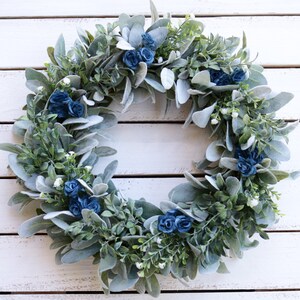 Spring Greenery Wreath With Blue Roses, Farmhouse Wreath, Greenery ...
