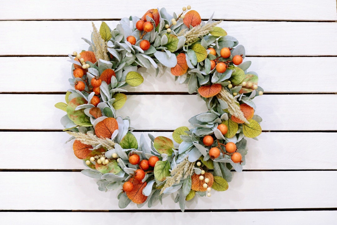 Fall Lambs Ear Wreath, Orange Berry Eucalyptus, Autumn Door Decor - Etsy