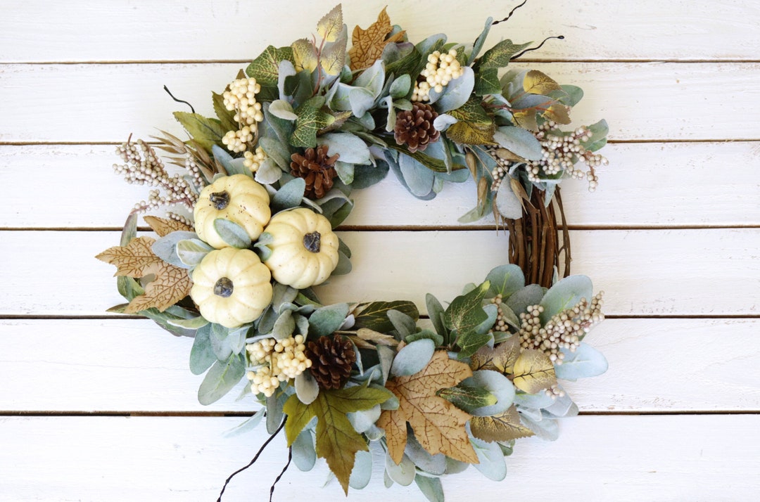 Fall Lambs Ear and Cream Pumpkin Wreath, Thanksgiving Berry Wreath ...