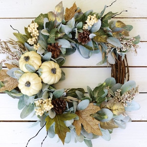 Fall Lambs Ear and Cream Pumpkin Wreath, Thanksgiving Berry Wreath, Farmhouse Decor Wreath, Autumn Front Door Wreath, Rustic Modern Wreath