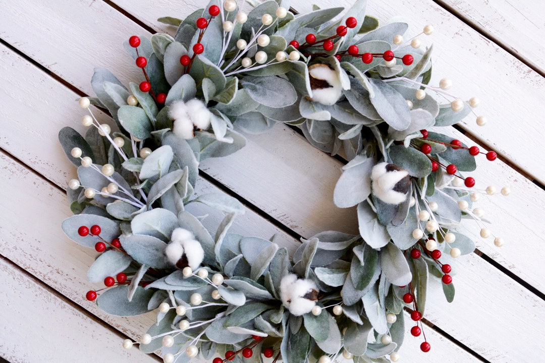 Lambs Ear Christmas Wreath, Red and White Berry Winter Decor - Etsy