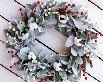 Lambs Ear Christmas Wreath, White Berry Farmhouse Decor - Etsy