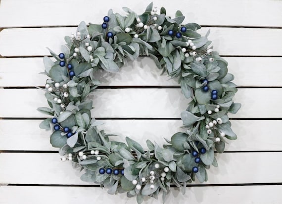 Lambs Ear Wreath: Blue & Cream Berry Christmas Wreath - 18 inch