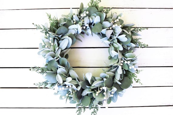 Lambs Ear Wreath: Winter Cream Berries, Farmhouse Holiday Decor