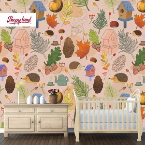 Nursery Autumn Wallpaper – Peel and Stick or Traditional – Kids Room Wall Mural – Fall Wall Art – Woodland Toddler Decor by ShopyLand, W181