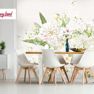 Spring Flowers Removable Wallpaper, Large Flower Wall Mural, White Flowers Peel and Stick Wallpaper, Floral Room Decor, W90