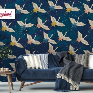 Flying Cranes Wallpaper – Peel & Stick or Traditional Bird Wall Mural – Asian Inspired Crane Design – Elegant Birds by ShopyLand, W143/2