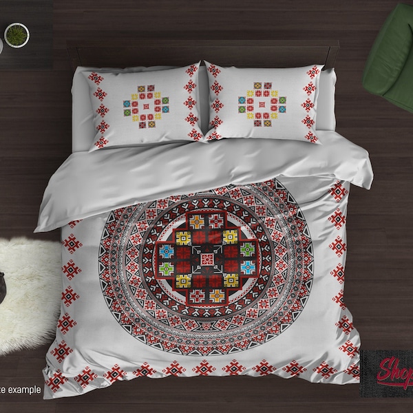 Bedding Set, Mexican Folk Duvet Cover, Bohemian Comforter Set, Vintage Mandala Bed Sheets, B114