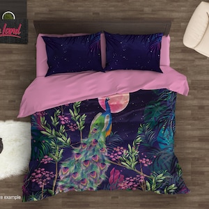 Peacock Bedding Set – Bohemian Bird Duvet Cover with Pillow Shams – Colorful Peafowl Comforter – Custom Cotton Bed Sheets by ShopyLand, B138