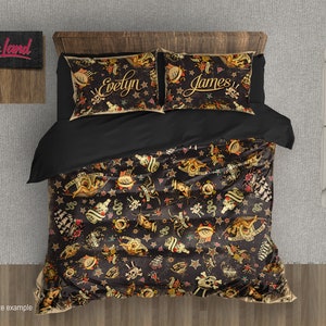 Personalized Duvet Cover Set – Vintage Bedding with Sugar Skull Art – Custom Old School Comforter – Custom Pillow Covers by ShopyLand, B145