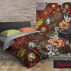 Autumn Flowers Bedding Set – Hand-Drawn Floral Duvet Cover – Bohemian Comforter – Cozy Fall Bedroom Decor by ShopyLand, B09