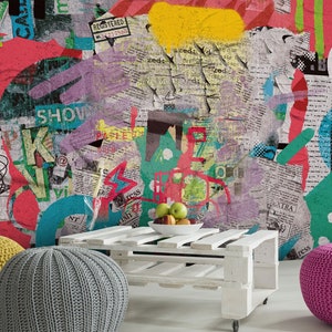 Abnehmbare Tapete, Pop Art Kunst, Ästhetische Collage Wandverkleidung, Bunte Street Art Tapete, Schälen und Aufkleben Wanddekoration, W206