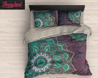 Floral Duvet Cover, Green Mandala Comforter Set, Oriental Bedding Set, Luxury Bed Sheets, Custom Comforter Set, B49