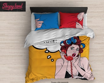 Funda nórdica Pop Art – Juego de cama Pillow Fight – Edredón colorido – Sábanas con dibujos animados – Estilo de dormitorio divertido de ShopyLand, B82