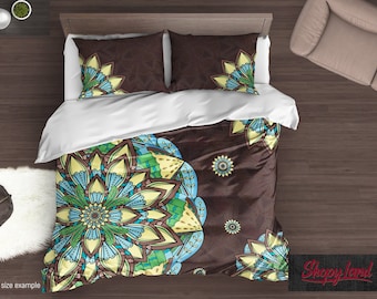 Asymmetric Mandala Duvet Cover, Hand Drawn Mandala Comforter Set, Oriental Bedding Set, Luxury Bed Sheets, B61