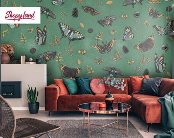Vintage Schmetterlinge Tapete - Abziehen und Aufkleben oder antikes Wandbild – Dunkelgrüne Wandkunst – Natur Insekten Wanddekor by ShopyLand , W195