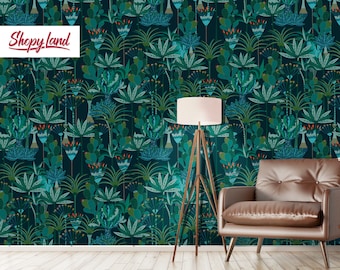 Tropical Botanical Wallpaper – Exotic Palm Leaves Wall Mural – Peel & Stick or Non-pasted Wallpaper, Dark Garden Wall Art by ShopyLand, W161