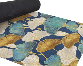 Yogamatte mit Ginkgo Blättern, Florale Pilates Matte mit Gurt, Tropische Blätter Fitness Teppich, Trainingsmatte mit Ginkgo Muster, Y222