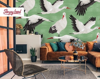 Storks Wallpaper – Removable or Non-Pasted – Japanese Style Wallpaper – Beautiful Bird Wall Mural – Nature Decor by ShopyLand W169