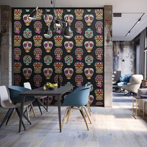 Sugar Skull Removable Wallpaper, Self Adhesive Wallpaper Skulls, Peel and Stick Skull Pattern, Sugar Skull Wall Mural, W141