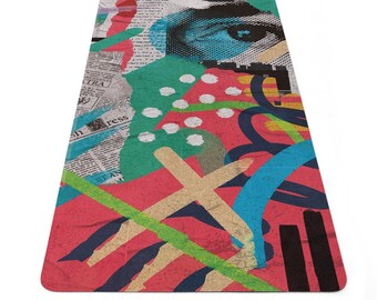May include: A colorful yoga mat with a collage of abstract shapes, lines, and a newspaper clipping. The mat features a bright red background with green, blue, yellow, and black accents.