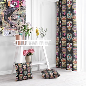 Floral Skulls Window Curtains, Sugar Skull Window Drapes Set, Colorful Fabric Panels, Custom Curtains, Rod Pocket Curtains, C13